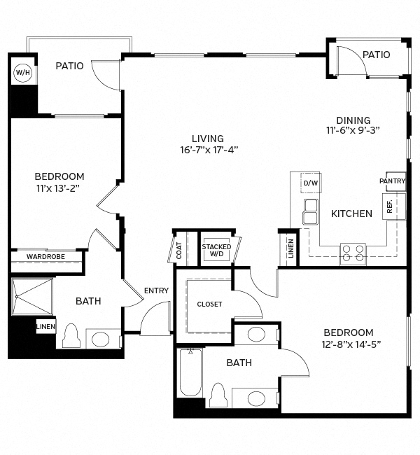 Floor plan for 2 beds, 2 baths, 1230 sqft
